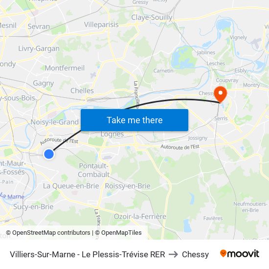 Villiers-Sur-Marne - Le Plessis-Trévise RER to Chessy map