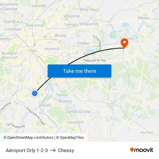 Aéroport Orly 1-2-3 to Chessy map