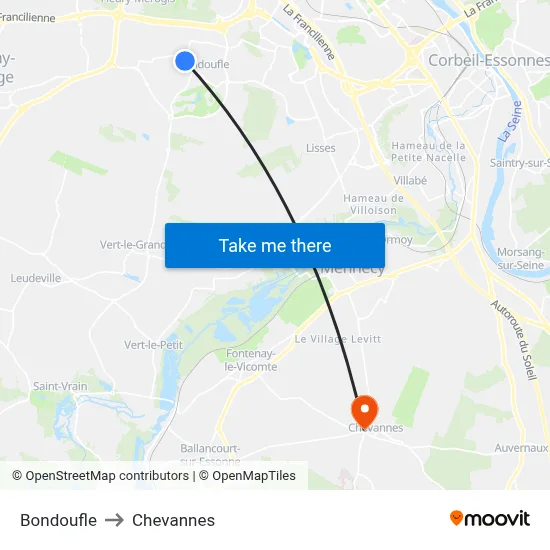 Bondoufle to Chevannes map