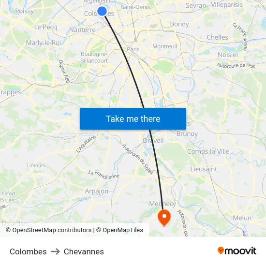 Colombes to Chevannes map