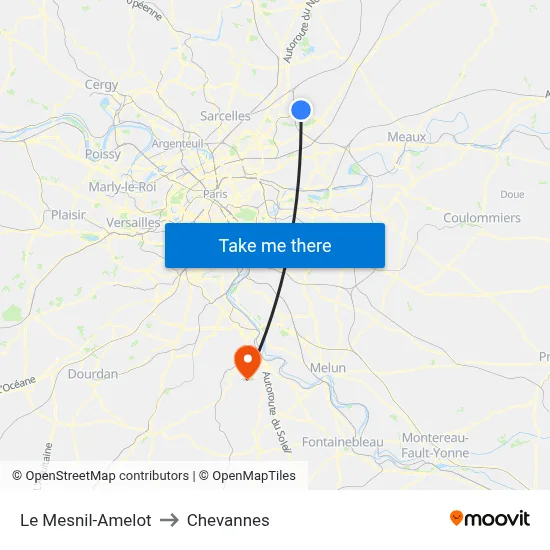 Le Mesnil-Amelot to Chevannes map