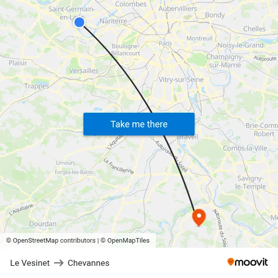 Le Vesinet to Chevannes map