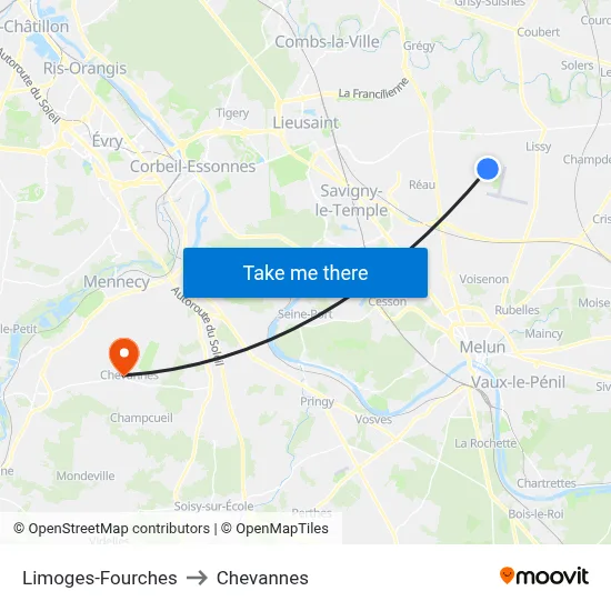 Limoges-Fourches to Chevannes map