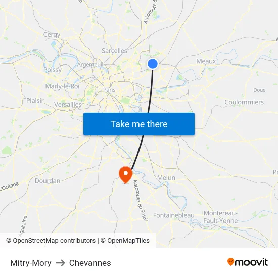 Mitry-Mory to Chevannes map