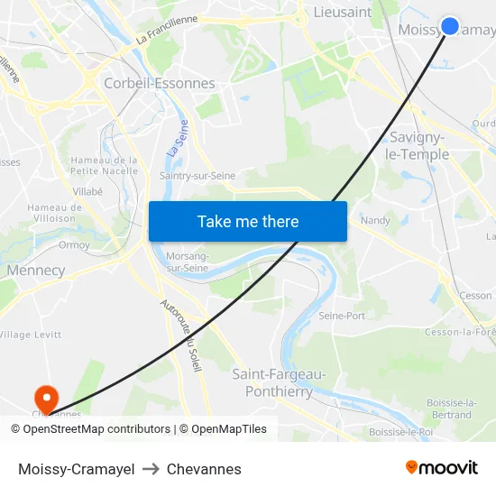 Moissy-Cramayel to Chevannes map
