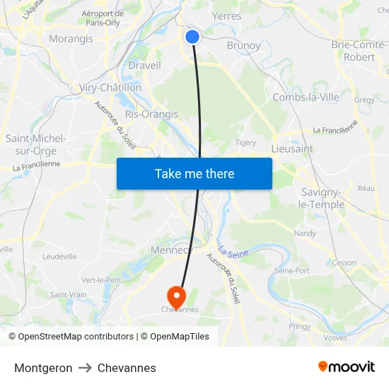Montgeron to Chevannes map