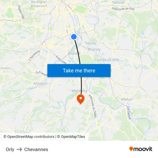 Orly to Chevannes map