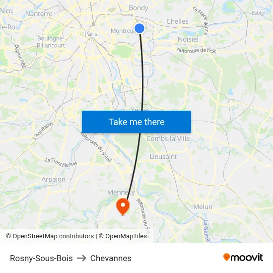 Rosny-Sous-Bois to Chevannes map