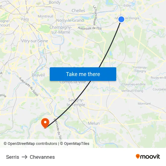 Serris to Chevannes map