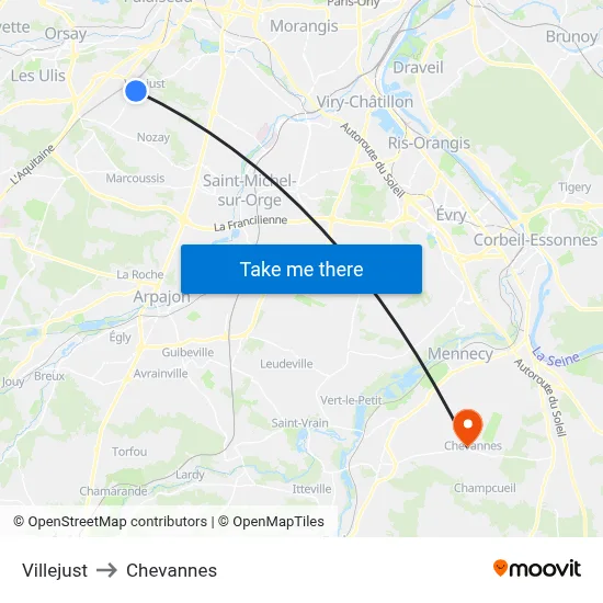 Villejust to Chevannes map
