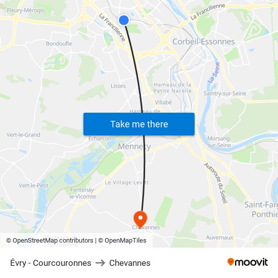 Évry - Courcouronnes to Chevannes map