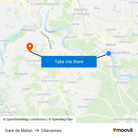 Gare de Melun to Chevannes map