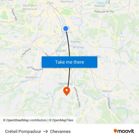 Créteil Pompadour to Chevannes map