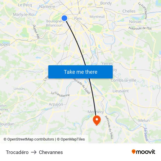 Trocadéro to Chevannes map