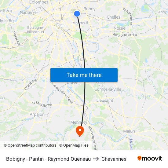 Bobigny - Pantin - Raymond Queneau to Chevannes map