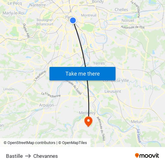 Bastille to Chevannes map