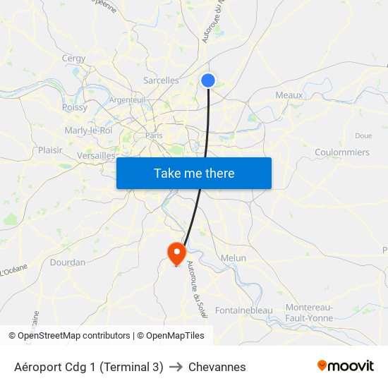 Aéroport Cdg 1 (Terminal 3) to Chevannes map