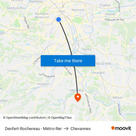 Denfert-Rochereau - Métro-Rer to Chevannes map