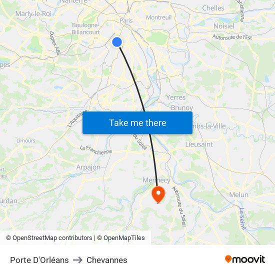 Porte D'Orléans to Chevannes map