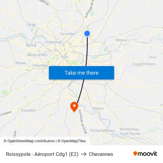 Roissypole - Aéroport Cdg1 (E2) to Chevannes map