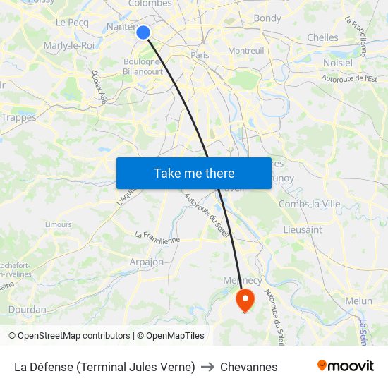 La Défense (Terminal Jules Verne) to Chevannes map