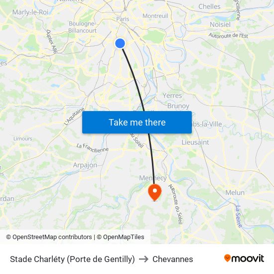 Stade Charléty (Porte de Gentilly) to Chevannes map
