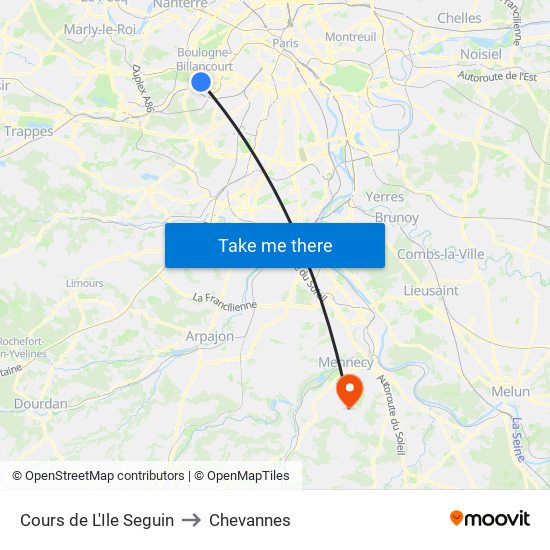 Cours de L'Ile Seguin to Chevannes map
