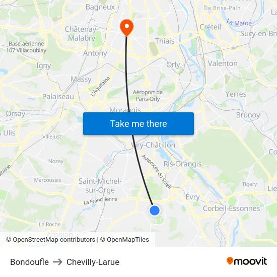 Bondoufle to Chevilly-Larue map