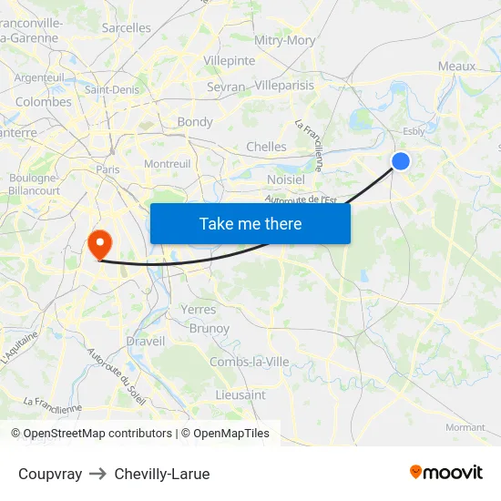 Coupvray to Chevilly-Larue map