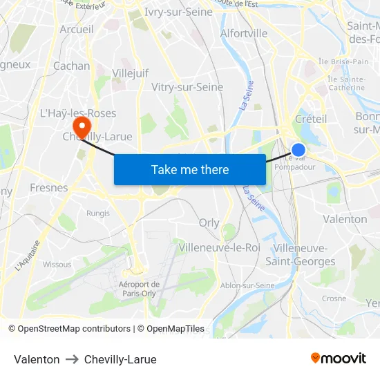 Valenton to Chevilly-Larue map