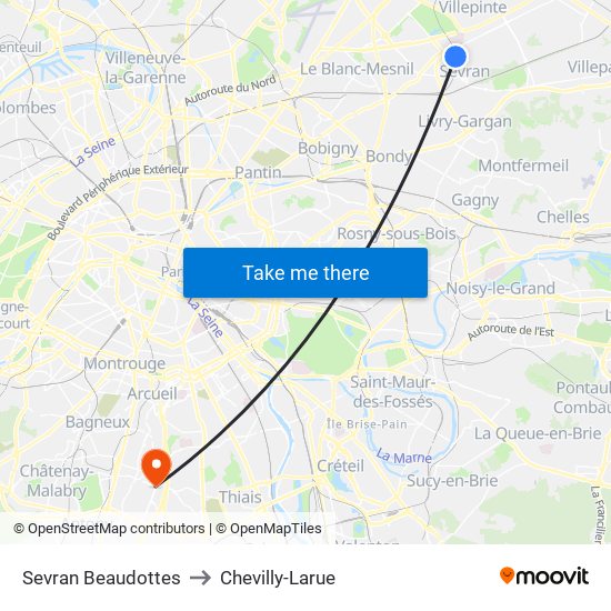 Sevran Beaudottes to Chevilly-Larue map