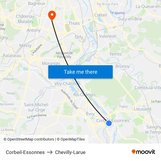 Corbeil-Essonnes to Chevilly-Larue map