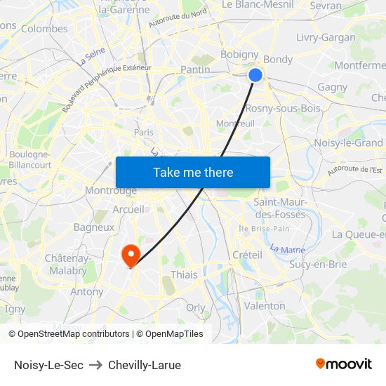 Noisy-Le-Sec to Chevilly-Larue map