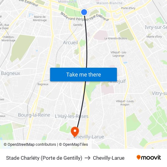 Stade Charléty (Porte de Gentilly) to Chevilly-Larue map