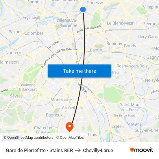 Gare de Pierrefitte - Stains RER to Chevilly-Larue map