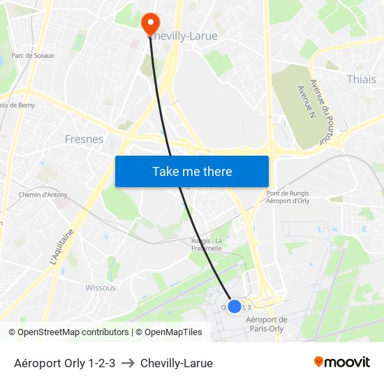 Aéroport Orly 1-2-3 to Chevilly-Larue map