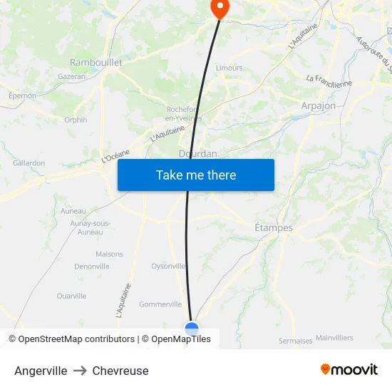 Angerville to Chevreuse map