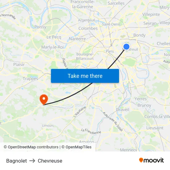 Bagnolet to Chevreuse map