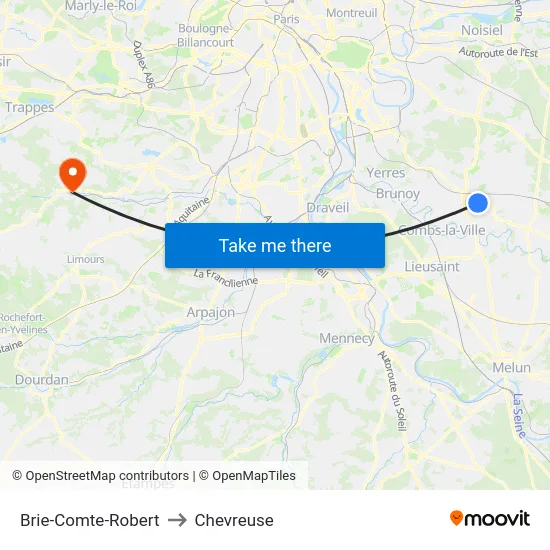 Brie-Comte-Robert to Chevreuse map