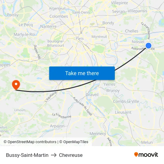 Bussy-Saint-Martin to Chevreuse map