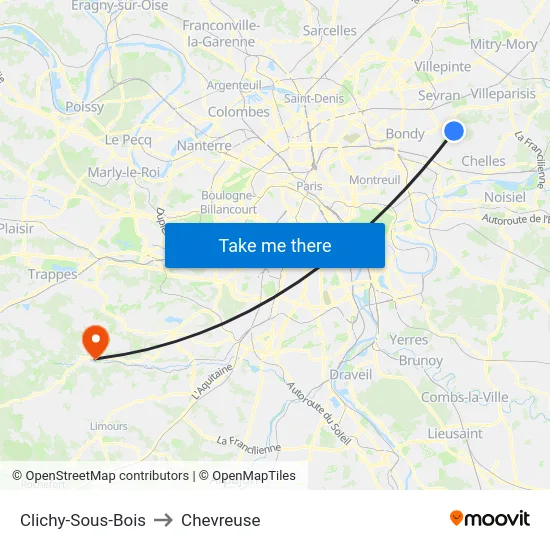 Clichy-Sous-Bois to Chevreuse map