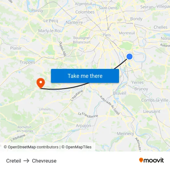 Creteil to Chevreuse map