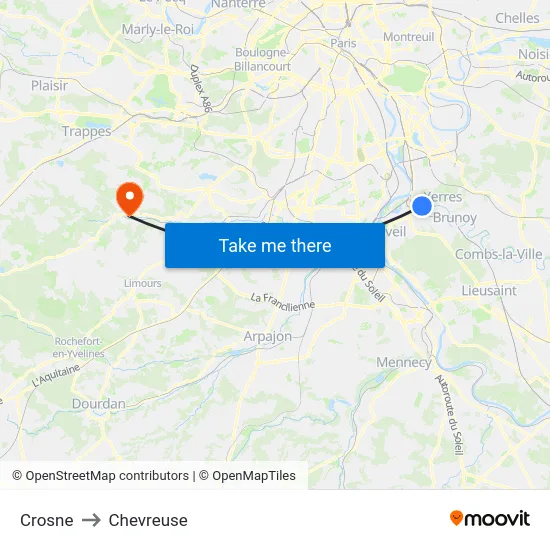 Crosne to Chevreuse map