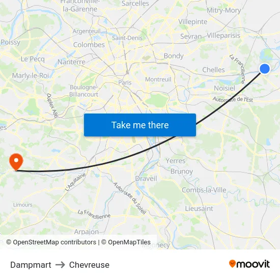 Dampmart to Chevreuse map
