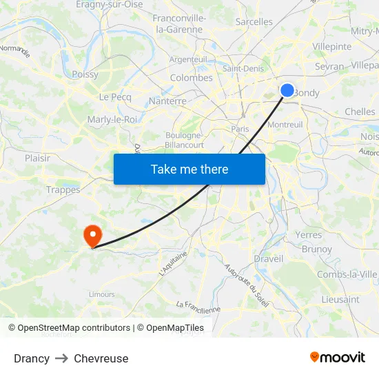 Drancy to Chevreuse map