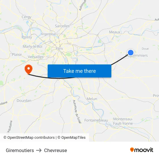 Giremoutiers to Chevreuse map