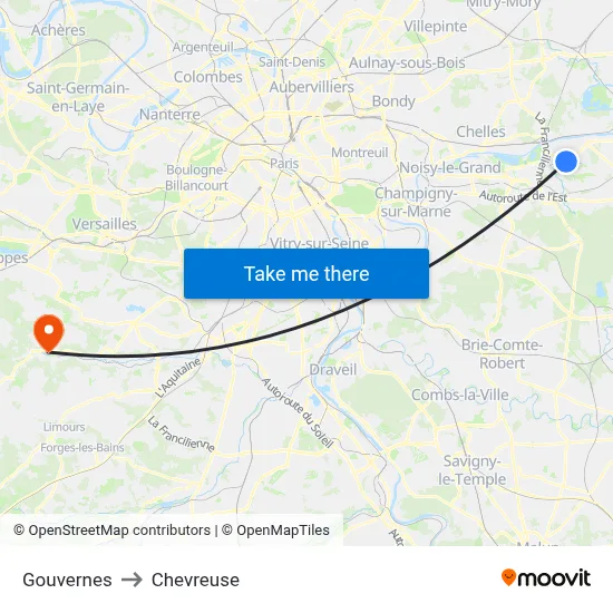 Gouvernes to Chevreuse map