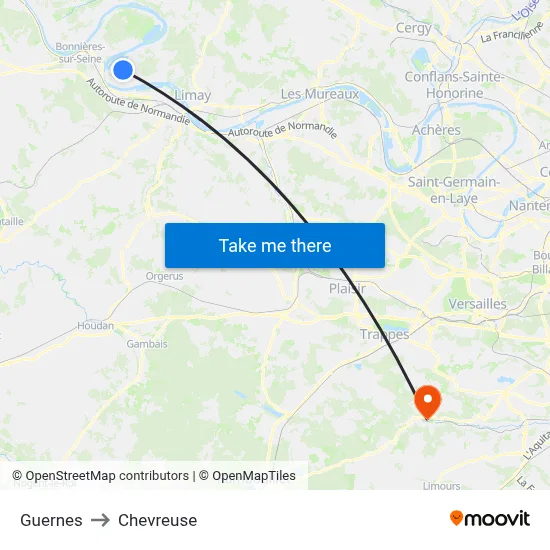 Guernes to Chevreuse map
