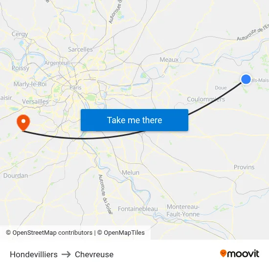 Hondevilliers to Chevreuse map