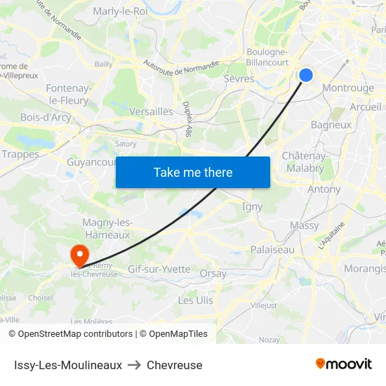 Issy-Les-Moulineaux to Chevreuse map